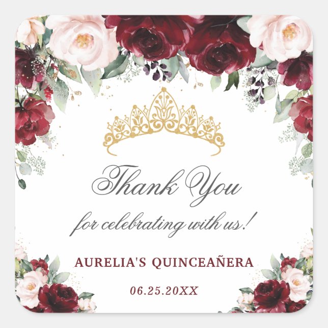 Burgundy Pink Floral Quinceanera Gefallen Vielen D Quadratischer Aufkleber (Vorderseite)