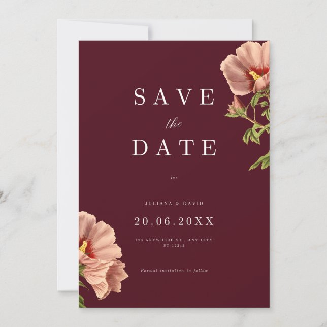 Burgundy & Pink Floral Save the Date Card (Vorderseite)