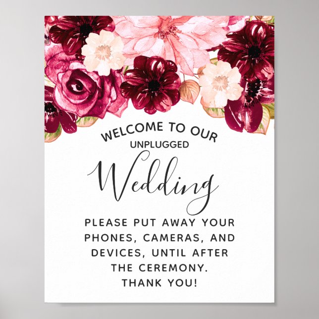 Burgundy Pink Floral Unplugged Wedding Table Sign Poster (Vorne)