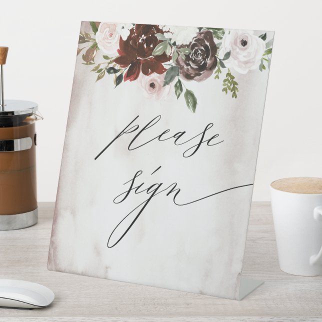 Burgundy Pink Floral Wedding Gästebuch Sockelschild (In Situ)