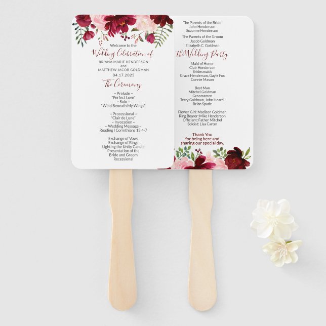 Burgundy Pink Floral Wedding Program Hand Fan Fächer (Vorne und Hinten)