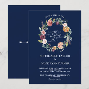 Burgundy Pink Floral Wreath Dark Blue Wedding Einladung