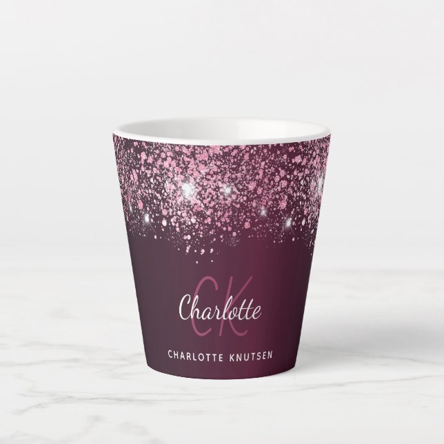 Burgundy Pink Glitzer Namenskript Milchtasse (Vorderseite)