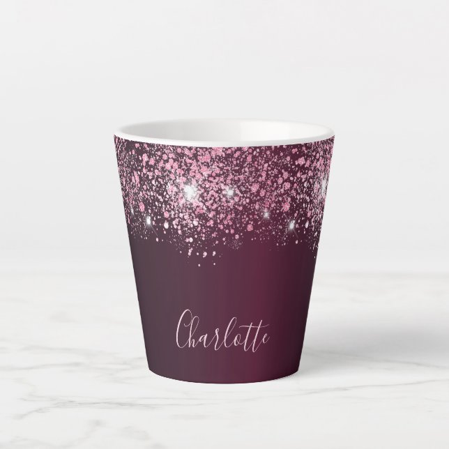 Burgundy Pink Glitzer Namenskript Milchtasse (Vorderseite)