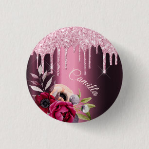 Burgundy Pink Glitzer Tropfen Metal Blumenmarke Button