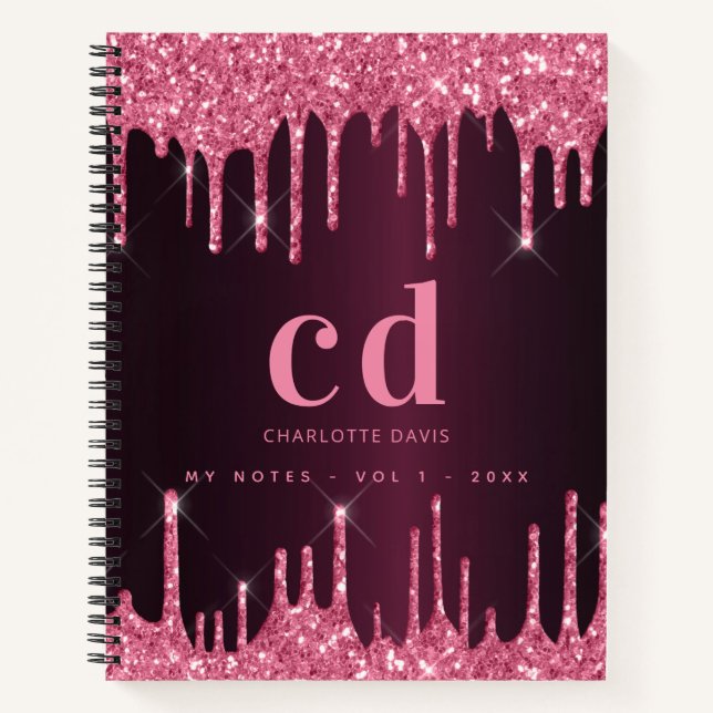 Burgundy Pink Glitzer Tropfen Monogramm Initialen  Notizbuch (Vorderseite)