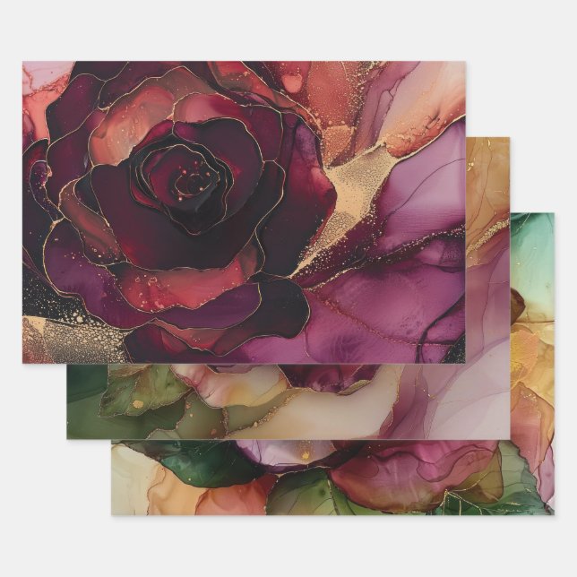 Burgundy Pink Gold Floral Geschenkpapier Set (Set)