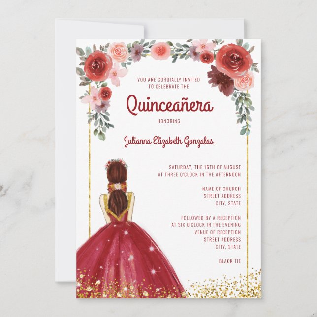 Burgundy Pink Gold Floral Prinzessin Quinceanera Einladung (Vorderseite)