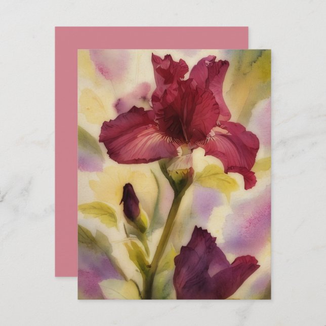Burgundy Pink Iris Flower Art Note Card Set Mitteilungskarte (Vorne/Hinten)