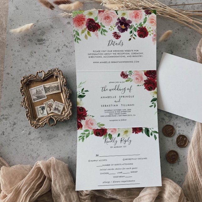 Burgundy Pink Lila Spring Floral Wedding Dreifach Gefaltete Einladung (Von Creator hochgeladen)