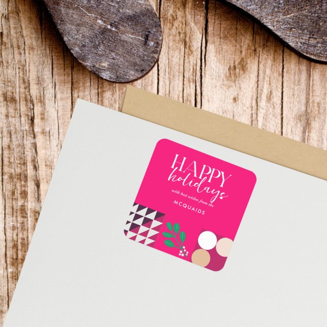 Burgundy Pink Modern Geometric Christmas Quadratischer Aufkleber (Modern Geometric Pink Christmas Square Sticker)