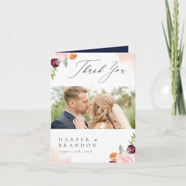 Burgundy Pink Navy Floral Botanic Vielen Dank Dankeskarte (Vorderseite)