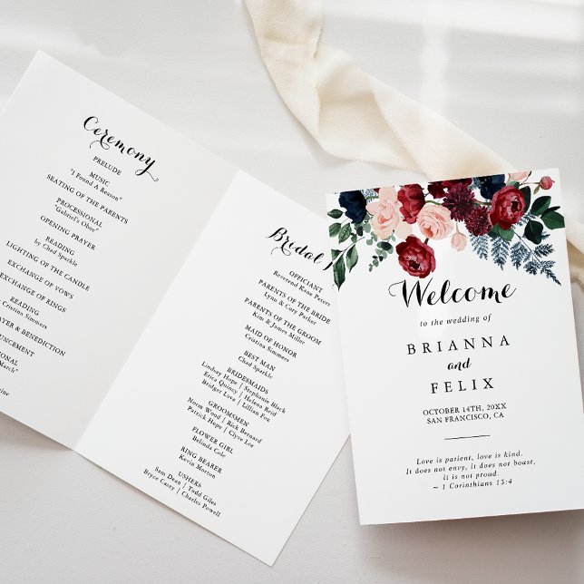 Burgundy Pink Navy Floral Folding Hochzeit Programm (Von Creator hochgeladen)