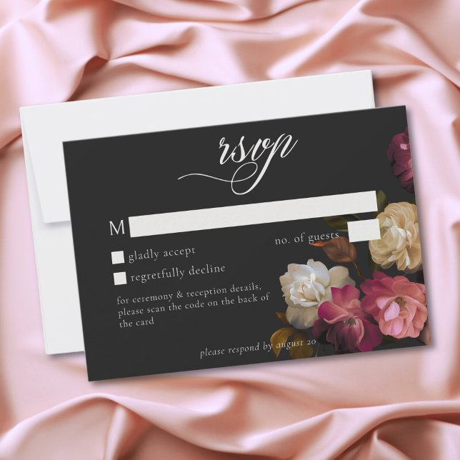Burgundy Pink Romantic Rose Black Moody Wedding QR RSVP Karte (Burgundy & Pink Romantic Rose Black Moody Wedding QR RSVP Card)