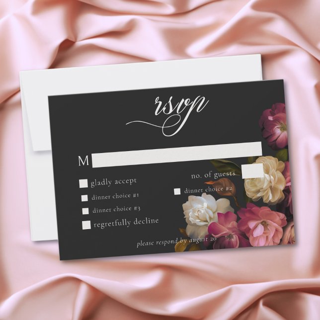 Burgundy & Pink Romantic Rose Black Moody Wedding RSVP Karte (Burgundy & Pink Romantic Rose Black Moody Wedding RSVP Card)