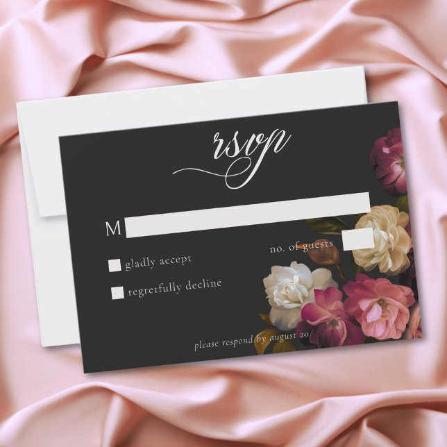 Burgundy & Pink Romantic Rose Black Moody Wedding RSVP Karte (Burgundy & Pink Romantic Rose Black Moody Wedding RSVP Card)