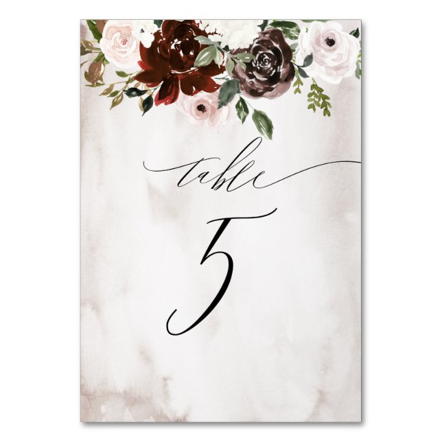 Burgundy Pink Rose Aquarell Floral Nr. 5 Hochzeit Tischnummer (Vorderseite)