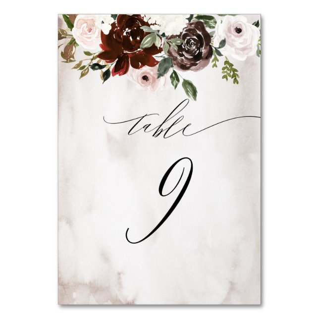 Burgundy Pink Rose Aquarell Floral Nr. 9 Hochzeit Tischnummer (Vorderseite)