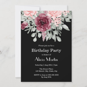 Burgundy Pink Rose Flora Black Birthday Party Einladung