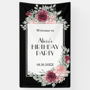 Burgundy Pink Rose Flora Black Happy Geburtstag Banner