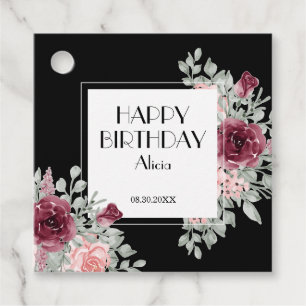 Burgundy Pink Rose Flora Black Happy Geburtstag Geschenkanhänger