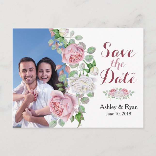Burgundy Pink Rose Foto Wedding Save the Date Ankündigungspostkarte (Vorderseite)