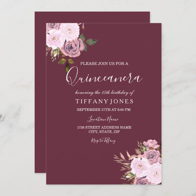 Burgundy Pink & Rose Gold Quinceanera Einladung (Vorne/Hinten)