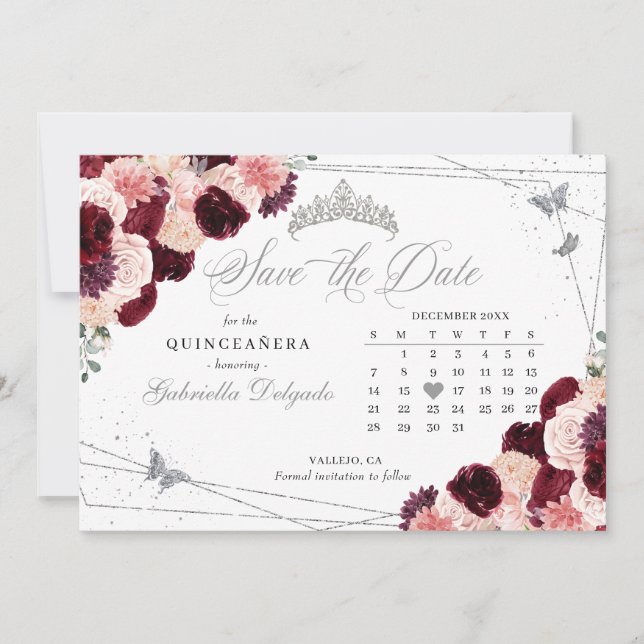Burgundy Pink & Silver Quinceañera Save the Date Einladung (Vorderseite)