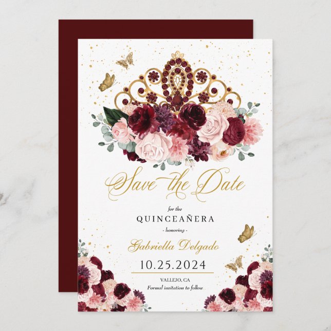 Burgundy Pink Tiara Save the Date Quinceañera Einladung (Vorne/Hinten)