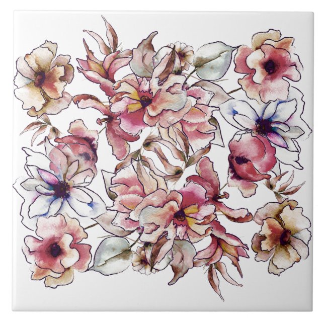 Burgundy Pink und Blue Floral Garland Wasserfarbe Fliese (Vorderseite)