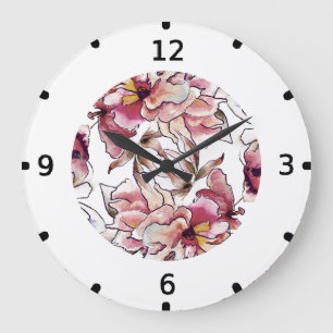 Burgundy Pink und Blue Floral Garland Wasserfarbe Große Wanduhr