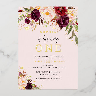 Burgundy Pink Watercolor Floral Girl 1. Geburtstag Folieneinladung