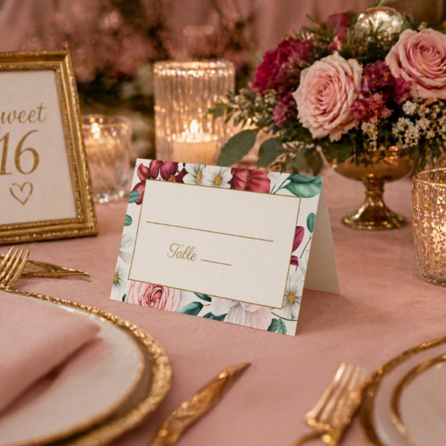 Burgundy Pink White Floral Geburtstag (Pink and red watercolor floral table card)