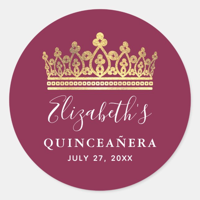 Burgundy Plum Gold Elegante Quinceanera Runder Aufkleber (Vorderseite)