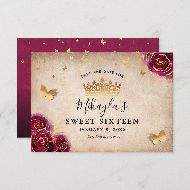 Burgundy Plum Gold Rose Parchment Elegante Save The Date (Vorne/Hinten)