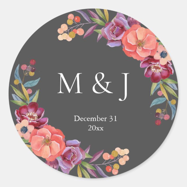 Burgundy & Plum Gray Elegant Tropical Monogram V2 Runder Aufkleber (Vorderseite)