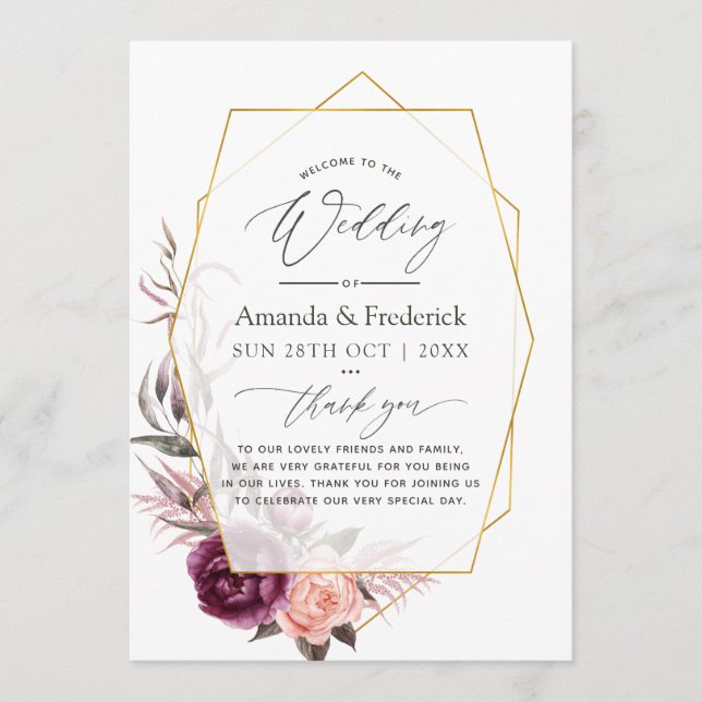 Burgundy Plum und Blush Floral Geometric Wedding Programm (Vorderseite)