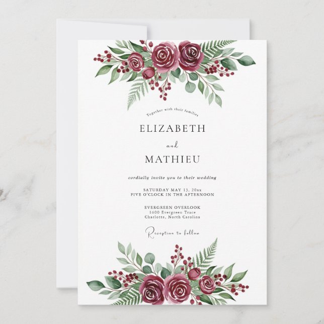 Burgundy Poetic Winter Wedding Einladung (Vorderseite)