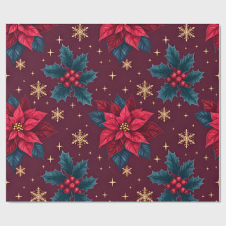 Burgundy Poinsettia & Gold Snowflake Dark Feminine Geschenkpapier