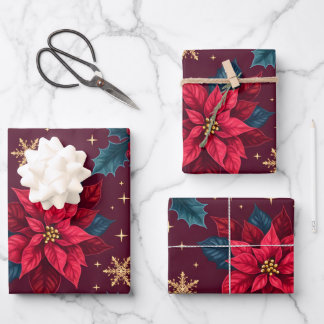 Burgundy Poinsettia & Gold Snowflake Dark Feminine Geschenkpapier Set