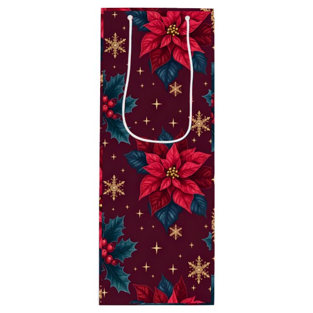 Burgundy Poinsettia & Gold Snowflake Dark Feminine Geschenktüte Für Weinflaschen (Vorderseite)