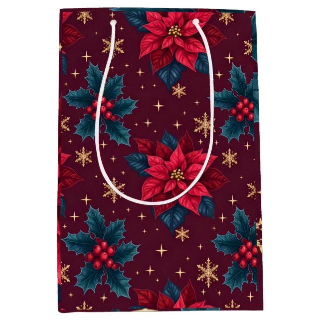 Burgundy Poinsettia & Gold Snowflake Dark Feminine Mittlere Geschenktüte (Vorderseite)