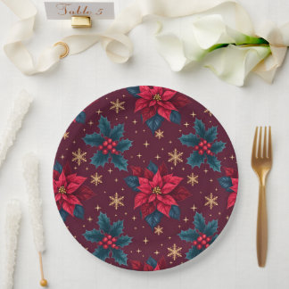 Burgundy Poinsettia & Gold Snowflake  Pappteller