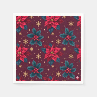 Burgundy Poinsettia & Gold Snowflake  Serviette