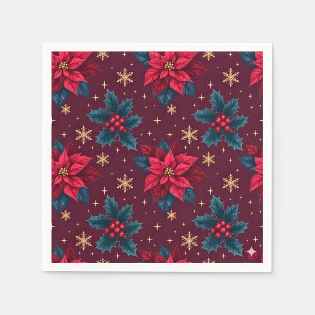 Burgundy Poinsettia & Gold Snowflake  Serviette (Vorderseite)