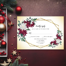 Burgundy Poinsettias Gold Frame Weihnachtsfeier RSVP Karte