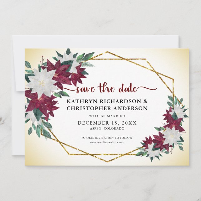Burgundy Poinsettias Gold Glitzer Weihnachten Save The Date (Vorderseite)