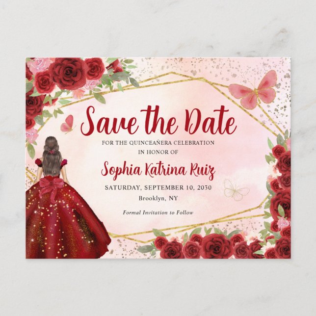 Burgundy Princess Floral Quinceañera Save the Date Postkarte (Vorderseite)