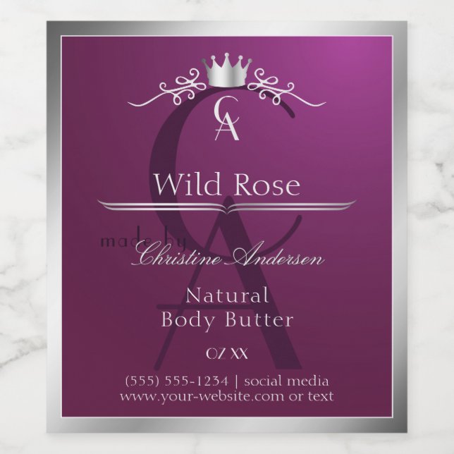 Burgundy Product Label with Silver Frame Monogram Weinetikett (Einzelnes Label)