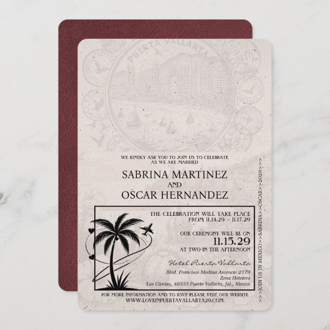 Burgundy Puerta Vallarta Passport Wedding Einladung (Vorne/Hinten)
